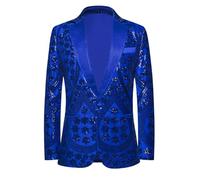PYJTRL Men's Embroidered Sequin Floral Pattern Blazer Jacket with Rhinestone Notched Collar for Wedding Party Prom,Blue,S
