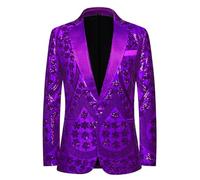 PYJTRL Men's Embroidered Sequin Floral Pattern Blazer Jacket with Rhinestone Notched Collar for Wedding Party Prom,Purple,L