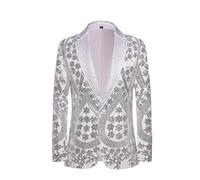PYJTRL Men's Embroidered Sequin Floral Pattern Blazer Jacket with Rhinestone Notched Collar for Wedding Party Prom,Silver,XL