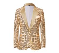 PYJTRL Men's Embroidered Sequin Floral Pattern Blazer Jacket with Rhinestone Notched Collar for Wedding Party Prom,Gold,L