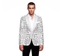 PYJTRL Men's Embroidered Sequin Floral Pattern Blazer Jacket with Rhinestone Notched Collar for Wedding Party Prom,Silver,M