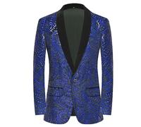 PYJTRL Men's Shiny Sequins Suit Jacket Classic Floral Suit Jacket Fashion,Suitable for Parties,Weddings,Banquets,Proms,Blue,M