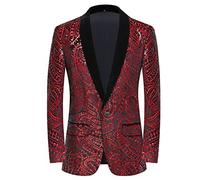PYJTRL Men's Shiny Sequins Suit Jacket Classic Floral Suit Jacket Fashion, Suitable for Parties, Weddings, banquets, Proms,Red,XS