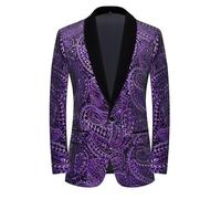 PYJTRL Men's Shiny Sequins Suit Jacket Classic Floral Suit Jacket Fashion,Suitable for Parties,Weddings,Banquets,Proms,Purple,S