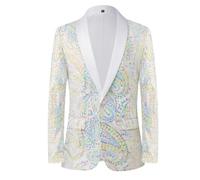 PYJTRL Men's Shiny Sequins Suit Jacket Classic Floral Suit Jacket Fashion,Suitable for Parties,Weddings,Banquets,Proms,Colorful White,XXL