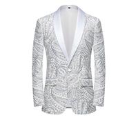 PYJTRL Men's Shiny Sequins Suit Jacket Classic Floral Suit Jacket Fashion,Suitable for Parties,Weddings,Banquets,Proms,White,XS