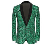 PYJTRL Men's Shiny Sequins Suit Jacket Classic Floral Suit Jacket Fashion,Suitable for Parties,Weddings,Banquets,Proms,Green,XS