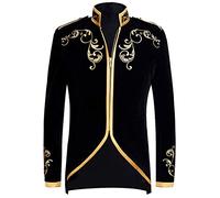 PYJTRL Mens Stylish Court Prince Black Velvet Gold Embroidery Blazer Suit Jacket (Black, US 46R)
