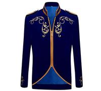PYJTRL Mens Stylish Court Prince Black Velvet Gold Embroidery Blazer Suit Jacket (Blue, XS)