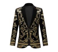 PYJTRL Mens Stylish Court Prince Black Velvet Gold Embroidery Blazer Suit Jacket (Gold, 3XL)
