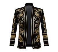 PYJTRL Mens Stylish Court Prince Black Velvet Gold Embroidery Blazer Suit Jacket (Golden Flower, 3XL)