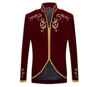 PYJTRL Mens Stylish Court Prince Black Velvet Gold Embroidery Blazer Suit Jacket (Wine red, US 44R)