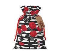 Pyjwyfmy Black White Stripes Red Rose Flowers Print Christmas Gift Bags,Santa Wrapping Bag,Christmas Canvas Gift Bags With Drawstrings,Present Bag