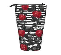 Pyjwyfmy Black White Stripes Red Rose Flowers Print Standing Pencil Case,Telescopic Pen Pouch,Portable Pencil Holder For Study Or Office Supplies