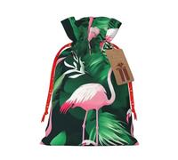 Pyjwyfmy Flamingo Bird Green Leaf Print Christmas Gift Bags,Santa Wrapping Bag,Christmas Canvas Gift Bags With Drawstrings,Present Bag