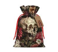 Pyjwyfmy Floral Skull Print Christmas Gift Bags,Santa Wrapping Bag,Christmas Canvas Gift Bags With Drawstrings,Present Bag