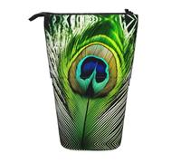 Pyjwyfmy Green Peacock Feather Print Standing Pencil Case,Telescopic Pen Pouch,Portable Pencil Holder For Study Or Office Supplies