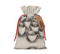 Pyjwyfmy Hand Drawn Teapots And Cups Print Christmas Gift Bags,Santa Wrapping Bag,Christmas Canvas Gift Bags With Drawstrings,Present Bag