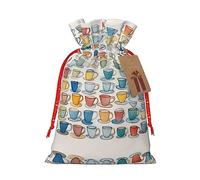 Pyjwyfmy Hand Drawn Teapots And Cups Print Christmas Gift Bags,Santa Wrapping Bag,Christmas Canvas Gift Bags With Drawstrings,Present Bag