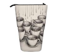 Pyjwyfmy Hand Drawn Teapots And Cups Print Standing Pencil Case,Telescopic Pen Pouch,Portable Pencil Holder For Study Or Office Supplies