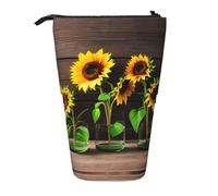 Pyjwyfmy Three Sunflowers On Wooden Print Standing Pencil Case,Telescopic Pen Pouch,Portable Pencil Holder For Study Or Office Supplies