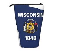 Pyjwyfmy Wisconsin State Flag Map Print Standing Pencil Case,Telescopic Pen Pouch,Portable Pencil Holder For Study Or Office Supplies