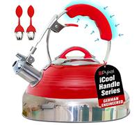 Pykal Retro Whistling Tea Kettle for Stove Top - 2.6l - Red Vintage Stainless Steel Kettles w/iCool Handle Technology - Whistle Teapot for Stovetop Induction or Gas Hob