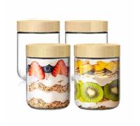 Pykrudo Glass Overnight Oats Jar with Bamboo Lids Set of 4, 450ml Glass Food Storage Containers for Tea Coffee Sugar Kitchen Preserving Jar