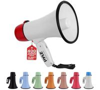 Pyle 20W Megaphone Bullhorn - Portable, Automatic Siren & Adjustable Volume,Projection Range Up to 400 Square Yards, Aux Input, Talk, Siren, Music, Whistle, & Record, Shoulder Strap (White-Red)