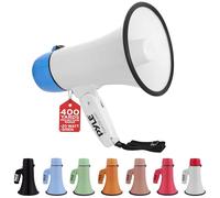 Pyle 20W Megaphone Bullhorn - Portable, Automatic Siren & Adjustable Volume,Projection Range Up to 400 Square Yards, Aux Input, Talk, Siren, Music, Whistle, & Record, Shoulder Strap (White-Blue)