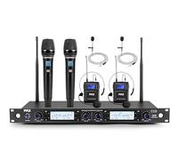 Pyle 4 Channel UHF Wireless Microphone System with 2 Handheld Mics, 2 Lavalier 2 Headsets & Beltpack Transmitters, 300ft Range, Rack Mount Receiver for Church, Meetings, DJ & PA Systems