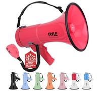 Pyle 50W Megaphone Bullhorn - Portable, Automatic Siren & Adjustable Volume,Projection Range Up to 1200 Square Yards, Aux Input, Talk, Siren, Music, Whistle, & Record, Shoulder Strap (Red)