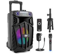 Pyle 680W Portable Bluetooth PA Speaker - 10" Rechargeable Outdoor Karaoke Speaker, Audio System w/Wireless Mic and Wheels, TWS, Lights, LED Display, 6.5mm Mic Input, FM/AUX/MP3/USB/SD