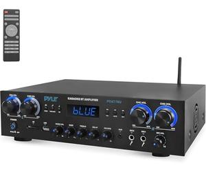 Pyle Amplifier, 800 W Bluetooth Amplifier, Mini Amplifier, 4 Channels MP3, USB, AUX, SD, MIC, FM, RCA, Headphones, Reverb Delay, Stereo for Home Cinema, Studio & Theatre