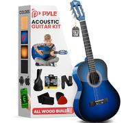 Pyle Beginner Acoustic Guitar, Junior Size 99 cm, All Wood Build Nylon String with Capo Strap, Extra String Set, and Gig Bag Acoustic, For Kids Adults Youth Classical Kit Blue Burst, Gloss