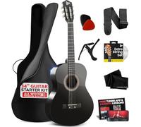 Pyle Beginner Acoustic Guitar Kit, 1/2 Junior Size All Wood Build Nylon String Instrument with Capo, Strap, Extra String Set, Gig Bag, Guitars for Beginners Adults Youth, 34" Black Gloss