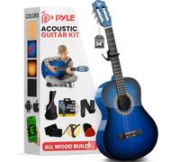 Pyle Beginner Acoustic Guitar Kit, 1/2 Junior Size All Wood Build Nylon String Instrument with Capo, Strap, Extra String Set, Gig Bag, Guitars for Beginners Adults Youth, 34" Blue Burst Gloss