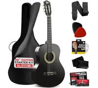 Pyle Beginner Acoustic Guitar Kit, 1/2 Junior Size All Wood Instrument with Full Accessory Kit, Picks, Shoulder Strap, Carry Case, Cleaning Cloth, 2 Month Lessons, 34” (Black Matte)