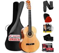 Pyle Beginner Acoustic Guitar Kit, 1/2 Junior Size All Wood Instrument with Full Accessory Kit, Picks, Shoulder Strap, Carry Case, Cleaning Cloth, Tuner App, 2 Month Lessons, 34” (Natural Gloss)