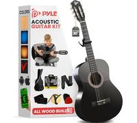 Pyle Beginner Acoustic Guitar Kit, 1/4 Junior Size All Wood Build Nylon String Instrument with Capo, Gig Bag, Strap, Extra String Set, Guitars for Beginners Adults and Youth, 30" Black Gloss