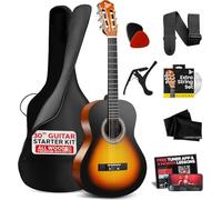 Pyle Beginner Acoustic Guitar Kit, 1/4 Junior Size All Wood Build Nylon Stringed Instrument with Capo, Strap, Extra String Set, Gig Bag, Guitars for Beginners Adults Youth, 30" Sunburst Teardrop Gloss