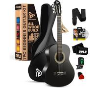 Pyle Beginner Acoustic Guitar Kit, 1/4 Junior Size All Wood Instrument for Kids, Adults, 30 Black Matte