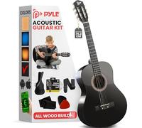 Pyle Beginner Acoustic Guitar Kit, 1/4 Junior Size All Wood Instrument for Kids, Adults, 30 Black Matte