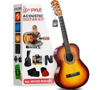 Pyle Beginner Acoustic Guitar Kit, 4/4 Full Size All Wood Instrument for Beginners, Adults, 39" Brown Gloss