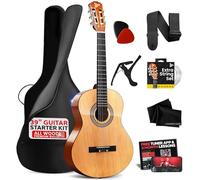 Pyle Beginner Acoustic Guitar Kit, Full Size Classical 99 cm All Wood Nylon String with Capo, Strap, Extra String Set and Gig Bag, For Beginners Adults Youth Kids, Natural Gloss