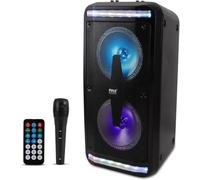 Pyle Bluetooth Speaker and PA System - Portable Stereo Karaoke System with Wired Mic, Built-in LED Party Lights, MP3/USB/Micro SD Readers, FM Radio, 8" Subwoofers, 600W MAX, 11.4" x 10.4" x 23.2"