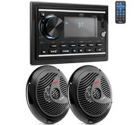 Pyle Boat Bluetooth Marine Stereo Receiver - Marine Head Unit Double Din Stereo Receiver Power Amplifier and Speaker Kit - Hands-free Calling, AM/FM/MP3/BT/USB/AUX - Remote,