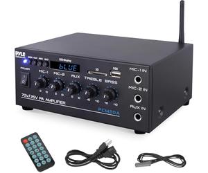 Pyle Compact Mini Home Amplifier - 40W Smart Small Audio Stereo Receiver with AUX,2 Microphone Inputs,COM/8-Ohm/25V/70V Speakers,LED Input Selector For PA Amplified Speaker Sound System
