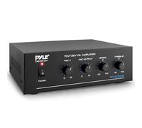 Pyle Compact Mini Home Power Amplifier - 60W Smart Small Indoor Audio Stereo Receiver w/RCA, 2 Microphone IN, 25/70 Volt Outputs, LED, Input Selector, For PA, Amplified Speaker Sound System