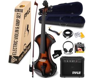 Pyle Electric Violin 4/4 Full Size Silent Fiddle Kit with Amplifier - Beginner Violin Set with Hard Case, Bow, Headphones, Digital Tuner & Ebony Fittings